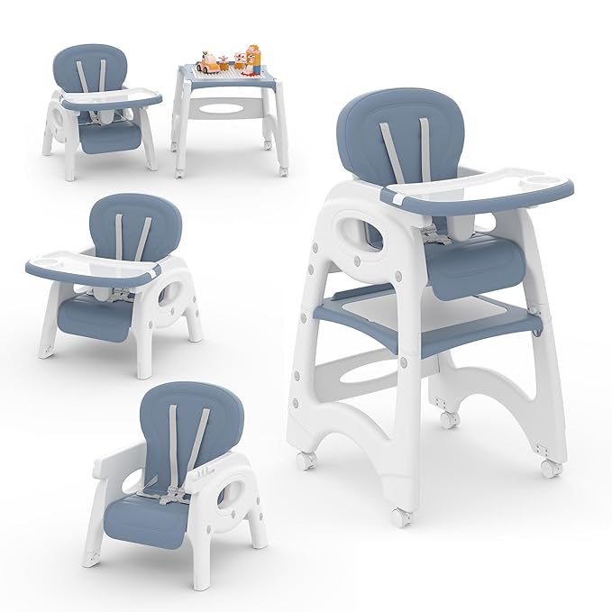 Xilingol 8 in 1 Convertible Baby High Chair W/Wheels, Baby Feeding Chair W/Adjustable Backrest & Removable Dual Tray, Building Block Table & Chair Set, HighChair for Babies & Toddlers (Blue)