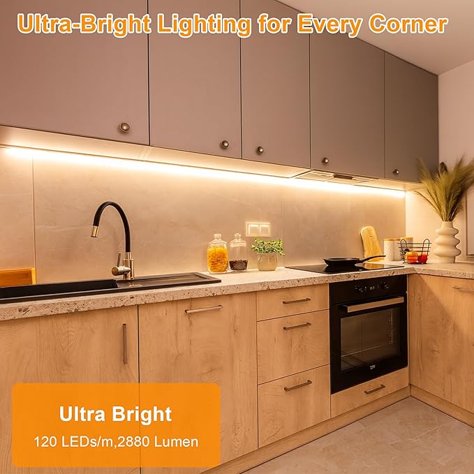 maylit Under Cabinet Strip Lighting Plug in 72in, Ultra Bright Small LED Light Bar, 2700K Warm White, Wired Lights for Kitchen Cabinet, Counter, Workbench, Desk, Closet, Shelf, Indoor