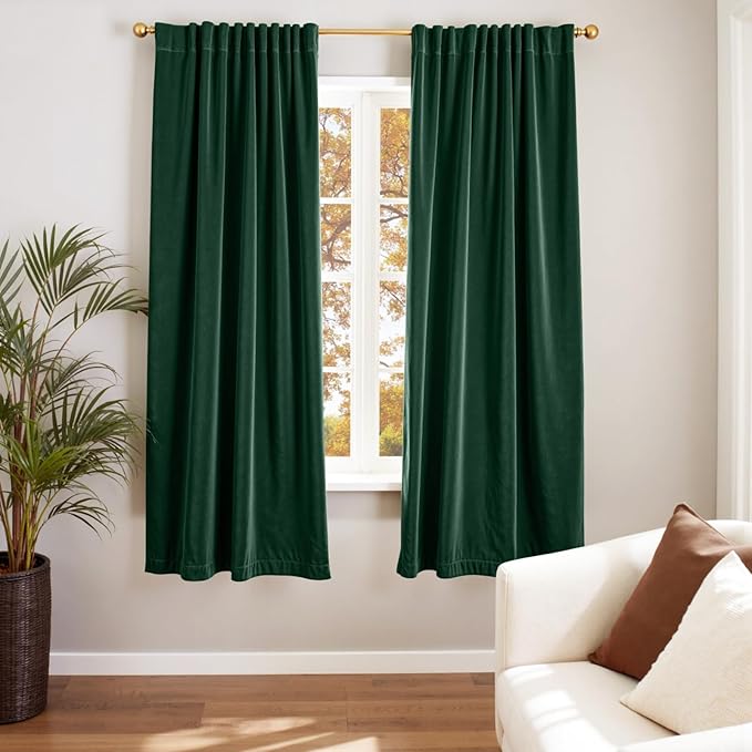 Lazzzy Velvet Blackout Curtains Thermal Insulated Room Window Drapes Super Soft Luxury Curtains for Living Room Bedroom Rod Pocket 2 Panels, Emerald Green, 52" W x 72" L