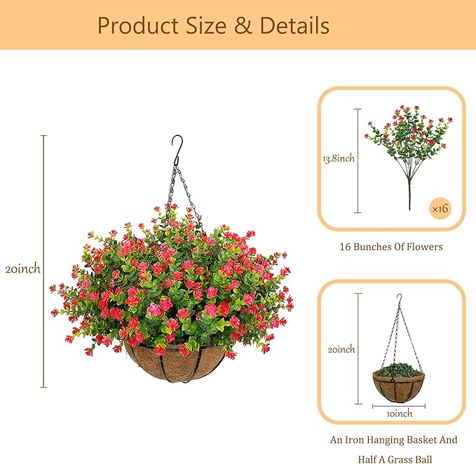 Artificial Hanging Flowers Basket for Outdoor, 16 Fake Flowers Look Real UV Resistant, Faux Hanging Plants for Porch, Balcony, Patio, Garden, Spring Summer Decor,Red