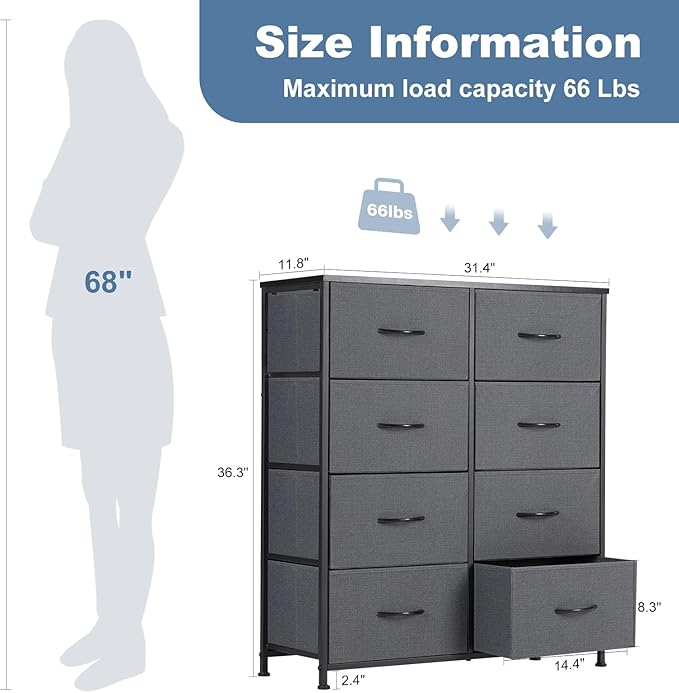 DUMOS 8 Drawer Dresser for Bedroom, Fabric Storage Organizer with Sturdy Metal Frame, Wooden Top Chest of Drawers for Closet Nursery Entryway Guest Room, Grey