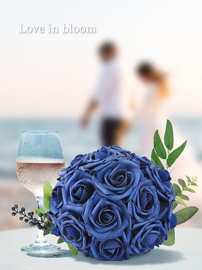 MACTING Artificial Flower Roses 60PCS Real Touch Fake Flowers with Stem Navy Blue Foam Roses for DIY Wedding Bouquet Table Centerpieces Party Holiday Home Indoor Outdoor Spring Mothers Day Decorations