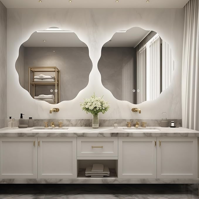 WallBeyond LED Bathroom Mirror with Lights, 32'' Wavy Round Light Up Bathroom Mirror, Anti Fog Led Mirror for Bathroom, 3 Colors and Dimmable Light