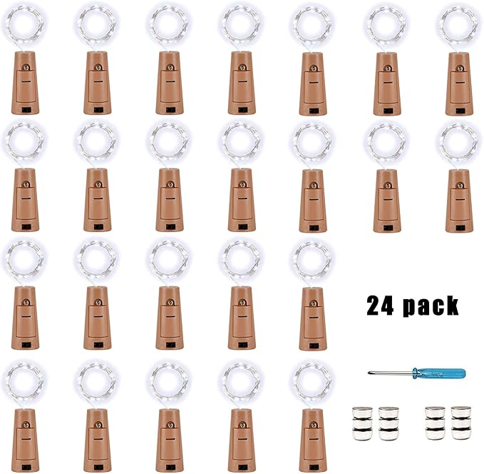 YJFWAL 24Pack 20LED Wine Bottle Lights with Cork, Cork Shape Silver Copper Wire Fairy Mini String Lights Fairy Lights Battery Operated for DIY, Party, Wedding, Christmas, Halloween Decor (Cool White)