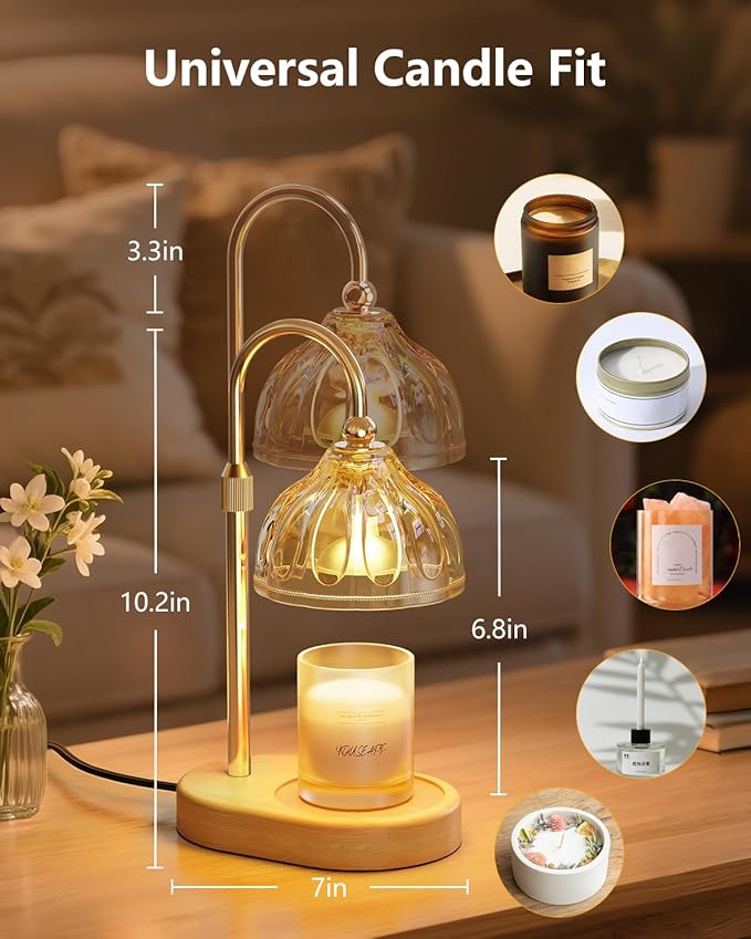 Candle Warmer Lamp, Wax Melt Warmer with Timer Dimmer, Height Adjustable, Amber Lampshade, Includes 2 Bulbs, Birthday Gifts for Women, Mom, Christmas, Housewarming