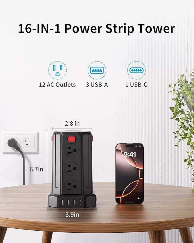 Power Strip Surge Protector, 10 Ft Extension Cord with 12 AC Multiple Outlets 4 USB (1 USB C), SMALLRT Power Tower Desktop Charging Station