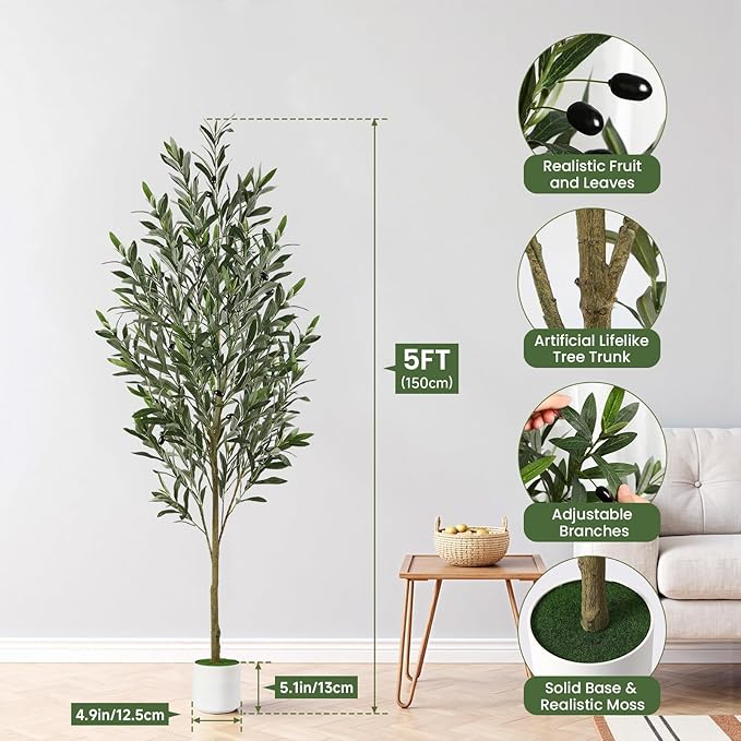 Alupssuc 5FT Artificial Olive Trees, Faux Silk Plant with Lively Artificial Trunk and Lifelike Fruits, Indoor Fake Potted Tree with White Planter for Modern Home Office Living Room Decor