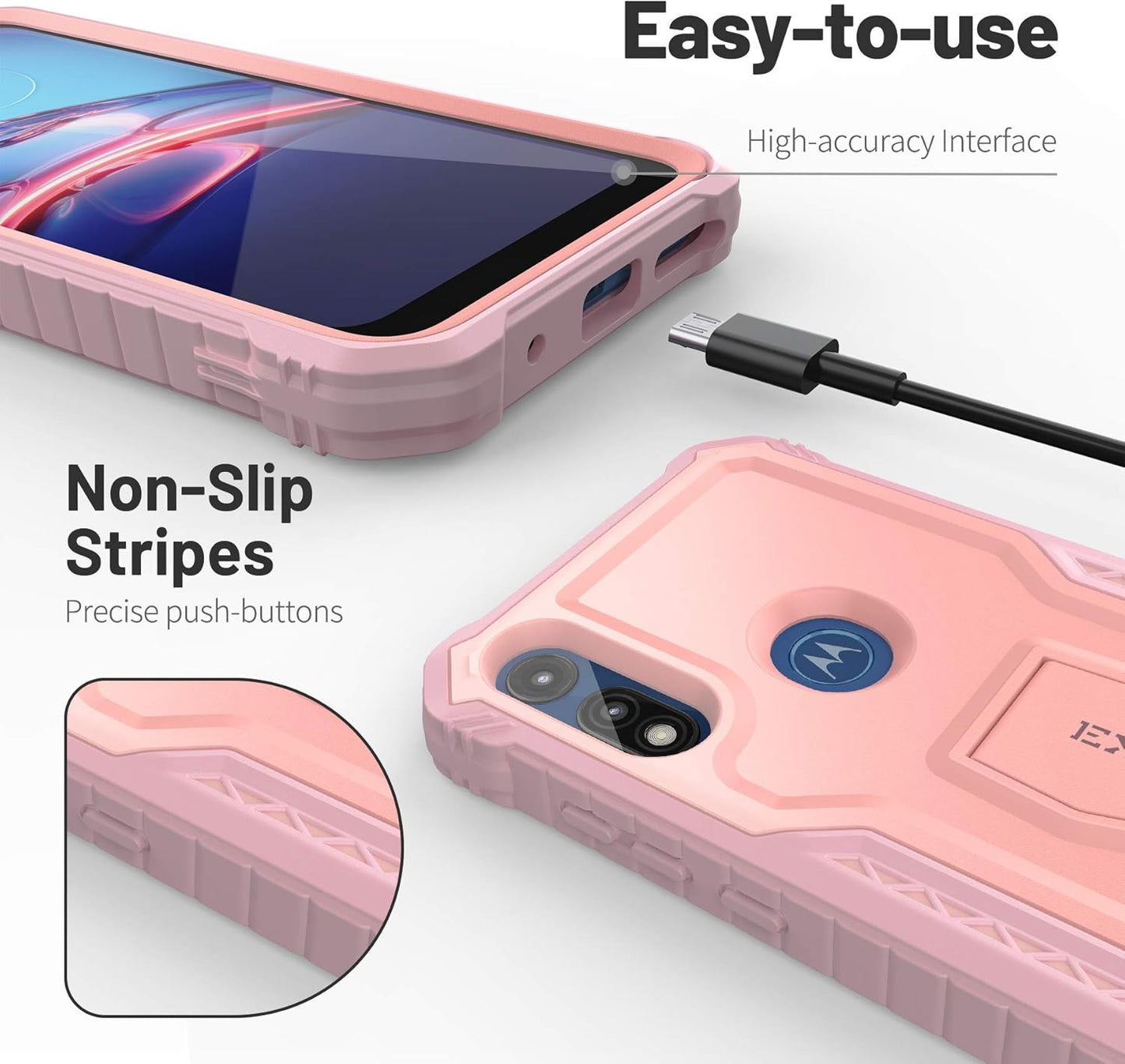 ExoGuard Rubber Shockproof Full-Body Case for Moto E - Built-in Screen Protector and Kickstand, Compatible with Moto E