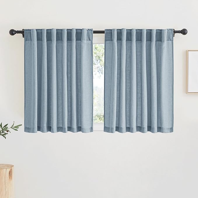 RYB HOME Linen Texture Curtains for Short Window Treatments, Semi Transparent Breathable Fabric Lightweight for Kitchen Bathroom Bedroom, W 52 x L 36 inches, Dusty Blue, 2 Panels