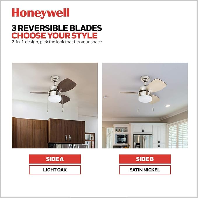 Honeywell Ceiling Fans Ocean Breeze Modern 30 Inch Ceiling Fan with Light, Pull Chain LED Indoor Fan with 3 Blades, Satin Nickel and Light Oak Blade Finish Options, Brushed Nickel (50601-01)