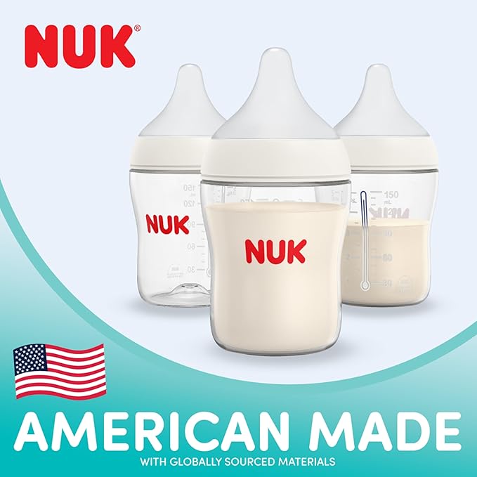 NUK Perfect Match 2-in-1 Natural and Anti-Colic Bottle with Medium Flow, Wide, Adaptable Nipple, 8oz., 4 Pack, BPA Free