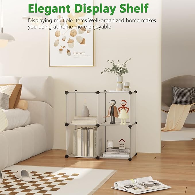 C&AHOME Cube Storage Organizer, 4-Cube Shelving Units, DIY Closet Storage, Modular Book Shelf, Ideal for Bedroom, Living Room, Office, 24.8" L x 12.4" W x 24.8" H Translucent White SBTM3004A