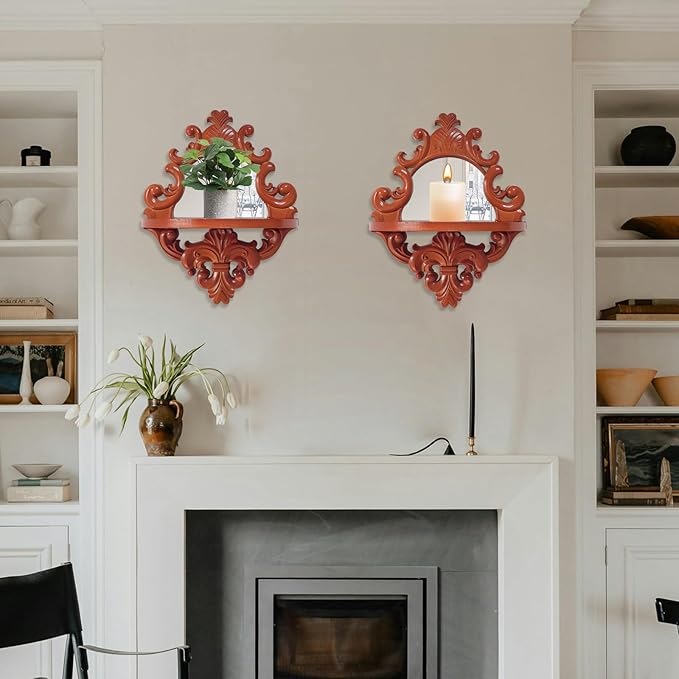 Three-Dimensional Relief Candle Sconces Set 2 Rustic Wall Mount Candle Holders Wood Hanging Wall Decor Mirrored Wall Art Hand Carved Home Decoration Brown