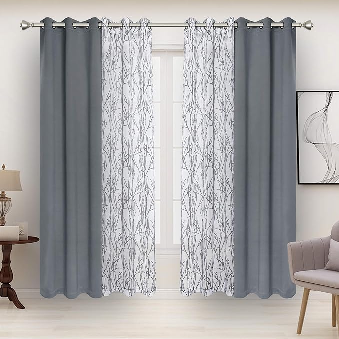 BONZER Mix and Match Curtains - 2 Pieces Branch Print Sheer Curtains and 2 Pieces Blackout Curtains for Bedroom Living Room Grommet Window Drapes, 37x63 Inch/Panel, Light Grey, Set of 4 Panels
