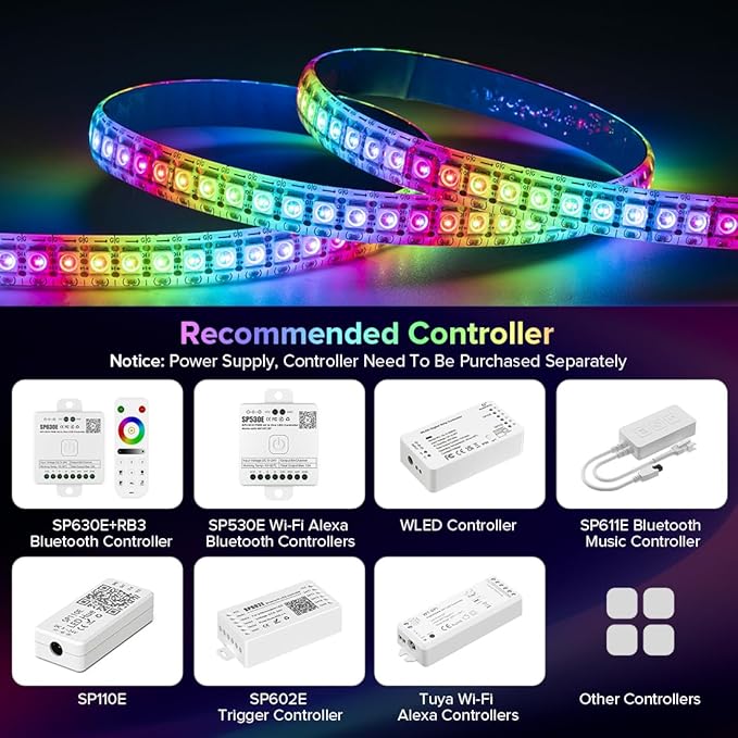 SEZO WS2812B LED Strip Light 3.3FT/1M 144LEDs/m Individually Addressable Programmable 5050SMD Digital RGB Alloy Wires Flexible Dream Color IP65 Waterproof PCB White DC5V