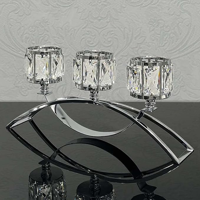 3 Arms Crystal Candle Holders, Arch Candlestick Table Candelabras Centerpieces for Wedding, Dinning Room, Cabinet Ornaments, Home Decoration， Gift (3-arm Arched, Silver)