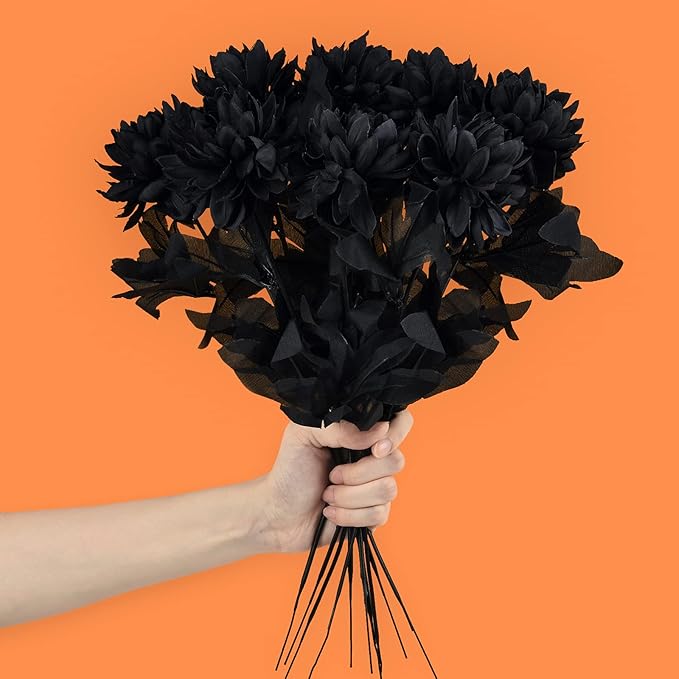 Artflower 10 Pack Artificial Silk Dahlia Bouquet with Long Stem, 16” Black Fake Flower Floral Arrangements Wedding Bridal Bouquet for Halloween Harvest Festival Table Centerpieces Home Decor