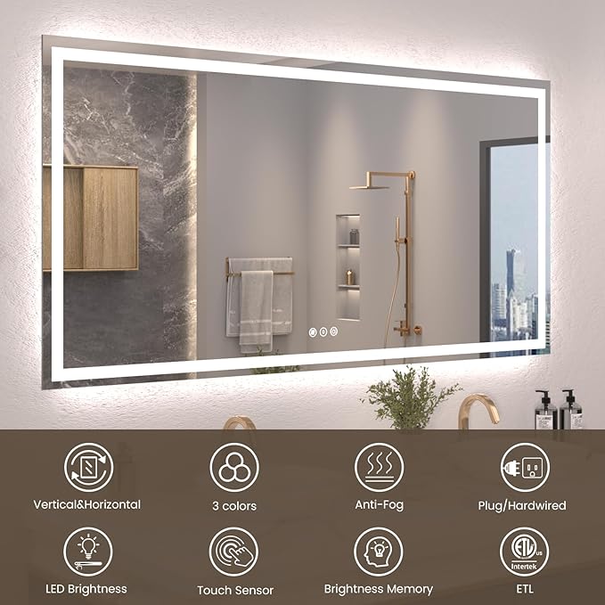 72"X36" LED Bathroom Mirror with Front Lights and Backlit, Anti-Fog, Dimmable, Shatter-Proof Tempered Glass, Lighted Bathroom Vanity Mirror for Wall with 3 Colors, Memory Function