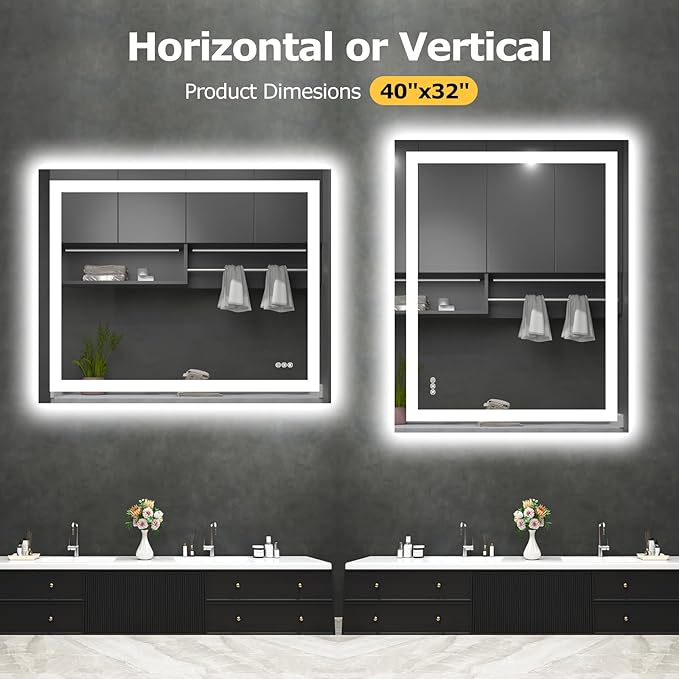 40X32 LED Bathroom Mirror with Lights, Anti-Fog, Dimmable, Backlit + Front Lit, Smart Bathroom Vanity Mirror, Memory Function, Shatterproof, Tempered Glass (Horizontal/Vertical)