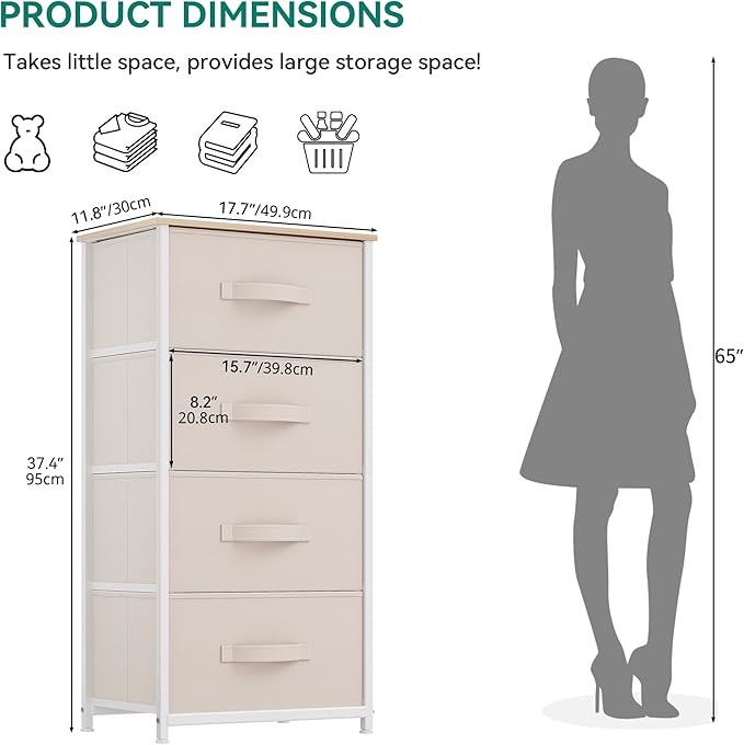 YITAHOME 4-Drawer Fabric Dresser, Dresser for Bedroom, Living Room, Hallway, Closet, Sturdy Steel Frame, Wooden Top, Easy-to-Pull Fabric Bins, Cream White