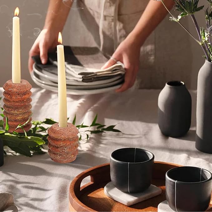 WORHE Candle Holders Italy True Natural Travertine Stone 0.4" Thick Set of 2 Marble Candlestick Holder for Christmas Wedding Dinning Party for 3/4 inch Candles Color Red (WH025)