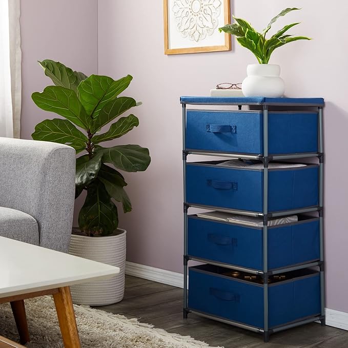 Juvale 4-Tier Tall Dresser with Drawers - 16.5 x 13 x 33 in, Navy Blue - Fabric Storage Drawers & Closet Organizer - Kids Dresser & Bedroom Storage