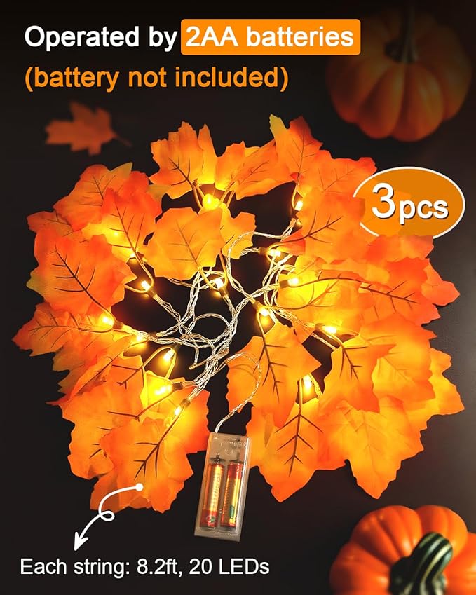 Luditek Fall Decor 3-Pack Fall Leaf Garland with Lights, Total 24.6ft 60 LED Halloween String Lights, Thanksgiving Decorations for Home Holiday Autumn Indoor Friendsgiving Gift