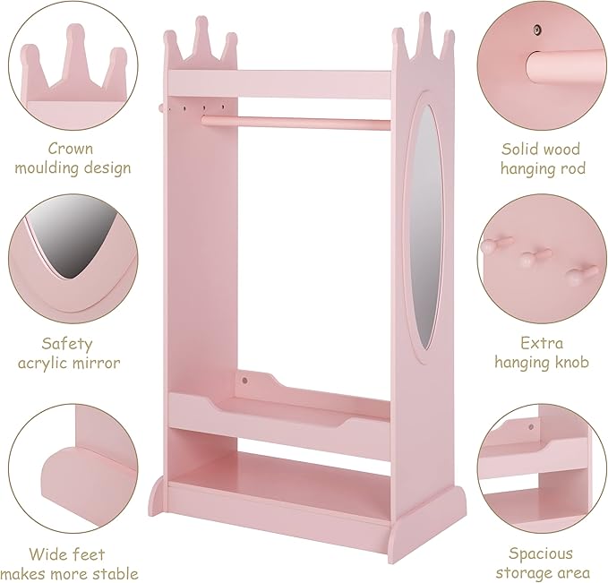 UTEX Kids Dress up Storage with Mirror,Costume Wardrobe for Kids, Open Hanging Armoire Closet,Pretend Storage Closet, Costume Storage Dresser (Pink)