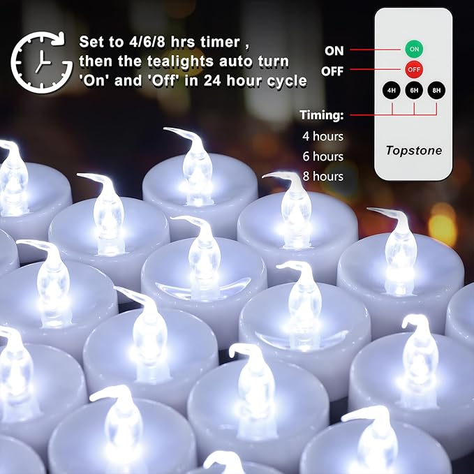 Topstone Remote Controlled LED Tea Light,White Flickering Bulb,Long Lasting Battery Operated LED Votive Candle with Timer,Pack of 12