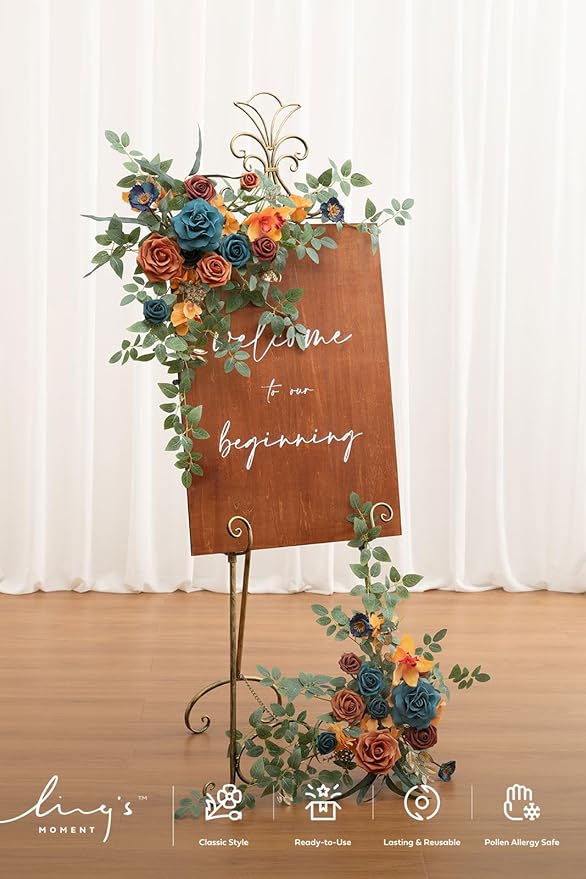 Ling's moment 2pcs Wedding Flowers Garland Artificial Floral Swag Arch Decorations Greenery Arrangements Orange & Teal Ceremony Reception Garden Easel Wall Entryway Outdoor Board(NOT Include Sign)