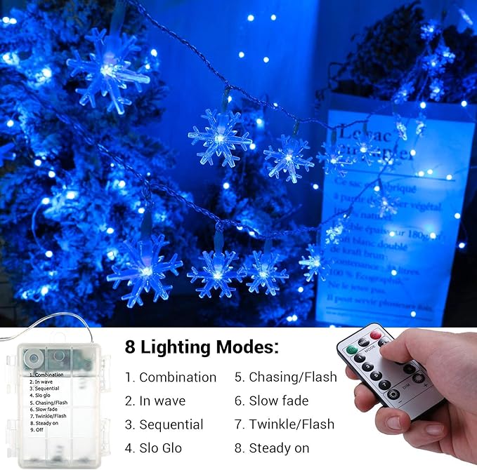 BrizLabs Blue Snowflake Lights, 40 LED 16.08ft Snow Flake Christmas String With Remote, Battery Twinkle, 8 Modes Xmas Waterproof for Outdoor Indoor Wedding Party Window Decor