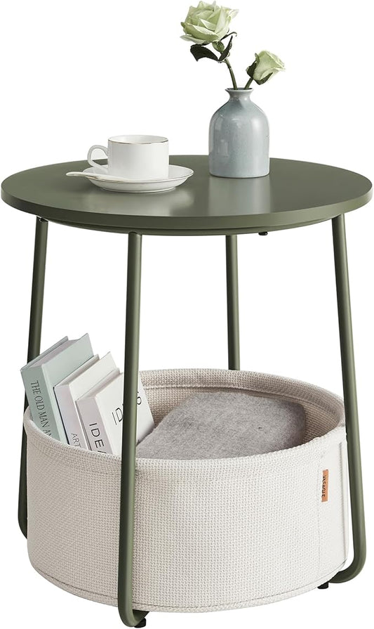 VASAGLE LILEA Collection - Small Round Side End Table, Modern Nightstand with Fabric Basket, Forest Green and Cream White ULET223C80