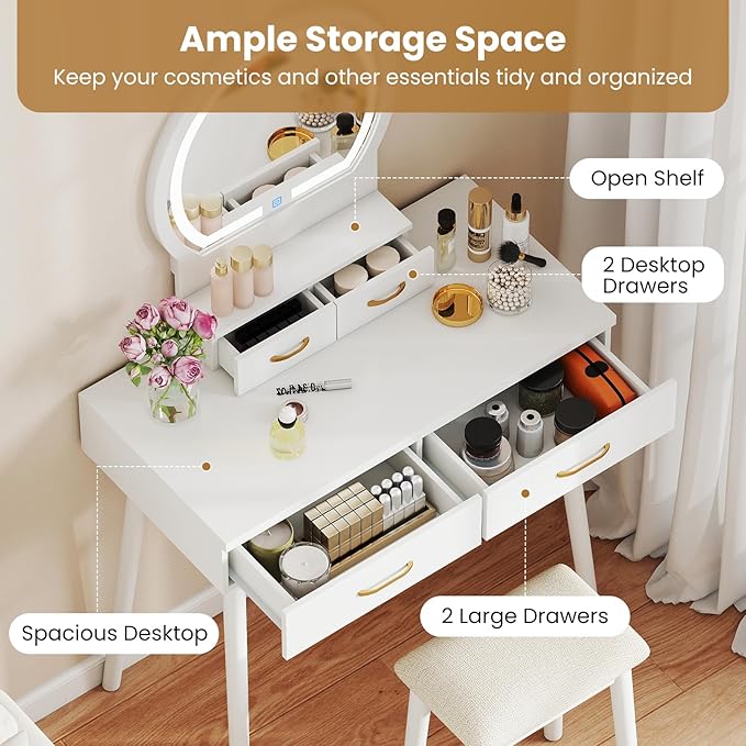 CHARMAID Vanity Desk with Mirror and Lights, Modern Makeup Vanity Table with 4 Drawers, 3-Color Dimmable LED Mirror, Girls Dressing Table and Stool Set for Small Bedroom (White)