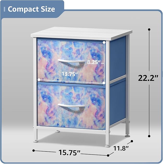 Sorbus Nightstand with 2 Drawers - Kids Bedside Furniture End Table Night Stand - Steel Frame, Wood Top & Easy Pull Fabric Bins - Dresser & Chest for Home, Bedroom Accessories, Office & College Dorm