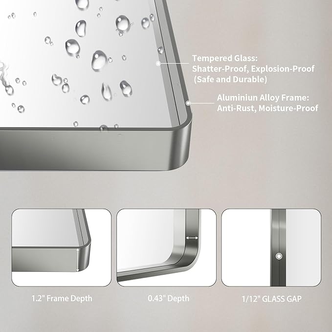 LOAAO 60X36 Inch Brushed Nickel Bathroom Mirror, Rounded Rectangle Silver Metal Frame Mirror, Brushed Nickel, Anti-Rust, Shatter Proof, Hangs Horizontally or Vertically