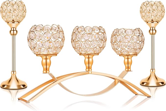 Gold Crystal Candle Holders Decorative Candelabra 3 Arms Candlesticks Holder Table Centerpiece Center Pieces Decoration for Dining Table Home Decor, Wedding, Party, Anniversary
