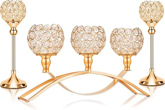 Gold Crystal Candle Holders Decorative Candelabra 3 Arms Candlesticks Holder Table Centerpiece Center Pieces Decoration for Dining Table Home Decor, Wedding, Party, Anniversary