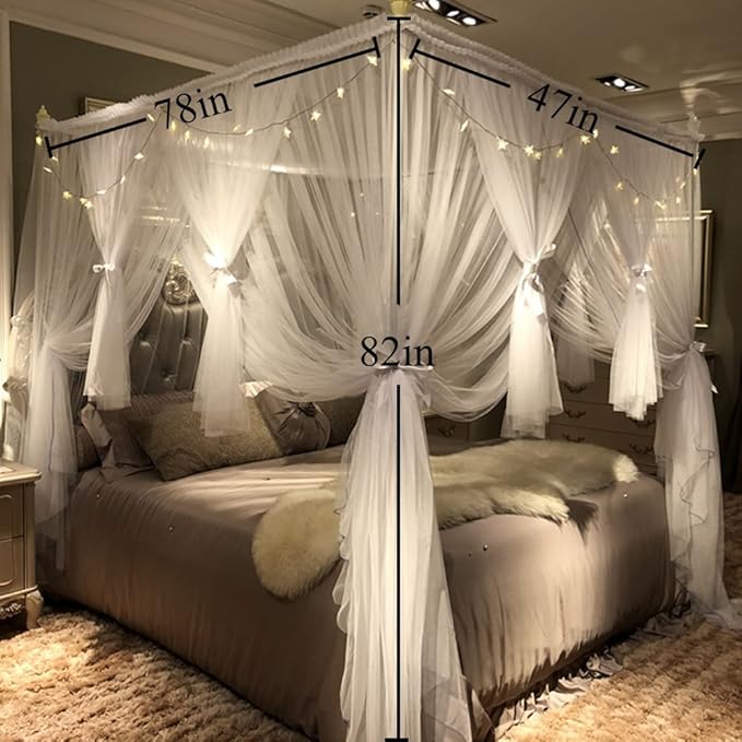 Joyreap 4 Corners Post Canopy Bed Curtain for Girls & Adults - Royal Luxurious Cozy Drape Netting - Cute Princess Bedroom Decoration Accessories (White, Twin)