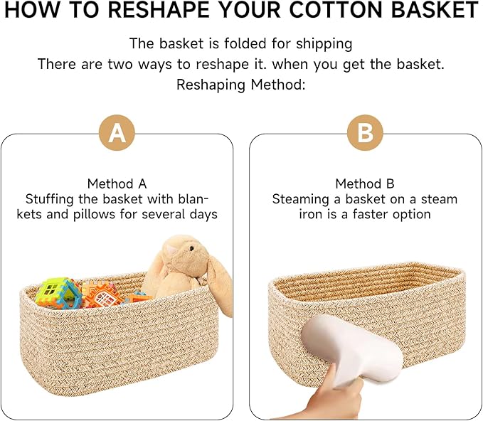 Small Storage Baskets for Organizing | Closet Organizer Bins | Shelf Toy Basket | Woven Rope Baskets | Cube Decorative Box | Shallow Basket | 13x8.5x5.1” | 3 Packs Mixed Brown