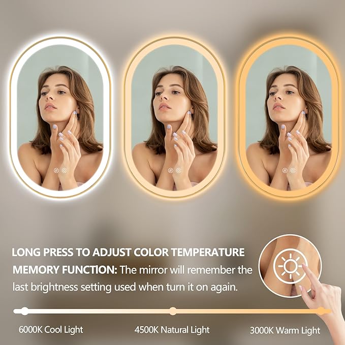 Niccy Oval LED Mirror for Bathroom, 48x30 Front Lit + Backlit Vanity Mirrors with Light Anti-Fog, Shatter-Proof, 3 Colors, Makeup Mirror with Gold Frame (Horizontal/Vertical)