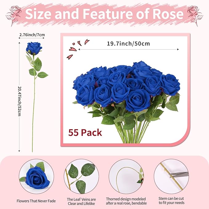 52 PCS Blue Artificial Roses Bulk, Fake Artificial Flowers Bridal Bouquet Silk Faux Rose with Stems for Wedding Flowers Decoration, Valentine's Day, Bridal Bouquet, Anniversary, Home Decor (52PCS)