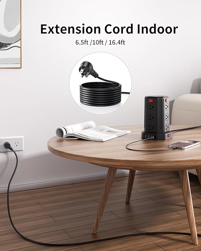 Power Strip Surge Protector, 6.5 Ft Extension Cord with 12 AC Multiple Outlets 4 USB (1 USB C), SMALLRT Power Tower Desktop Charging Station (Black, 6.5 Ft)