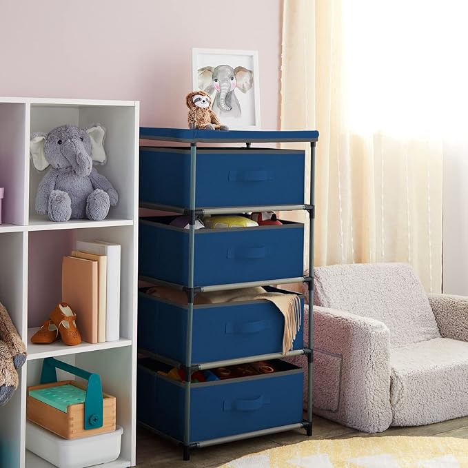 Juvale 4-Tier Tall Dresser with Drawers - 16.5 x 13 x 33 in, Navy Blue - Fabric Storage Drawers & Closet Organizer - Kids Dresser & Bedroom Storage