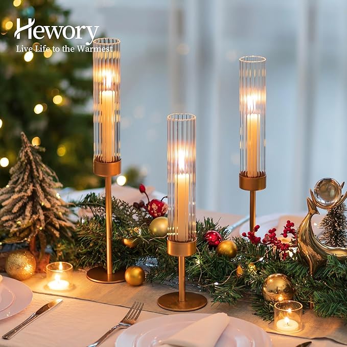 Hewory Gold Hurricane Candle Holders: Brass Candlestick Holders Set of 6 Tall Taper Candle Holders for Candlesticks Candle Sticks Holder Decor for Table Centerpiece Wedding Party Christmas Decorations