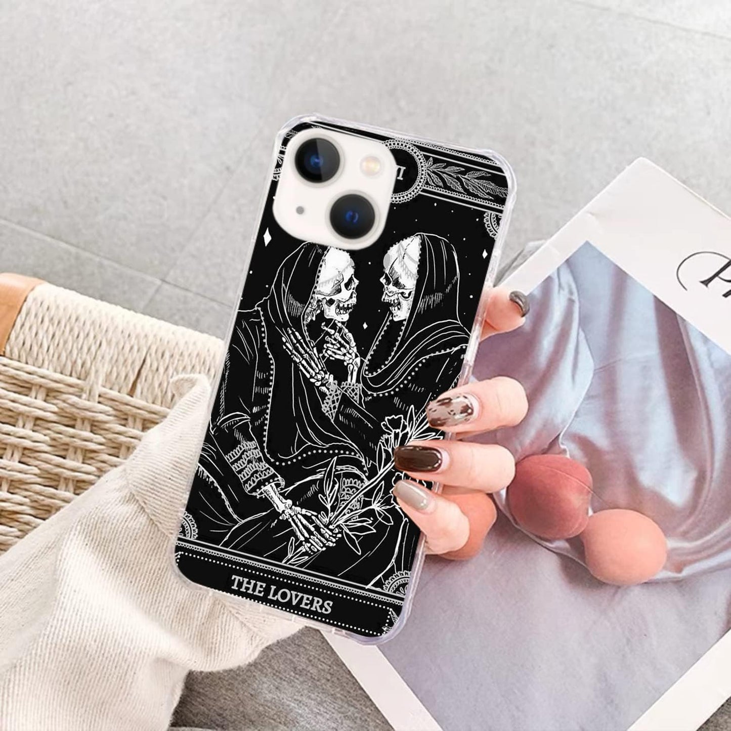 Lovers Tarot Card Skull Black Case for iPhone 15 - Trippy Psychedelic Skeleton Design, Unique TPU Bumper Cover.