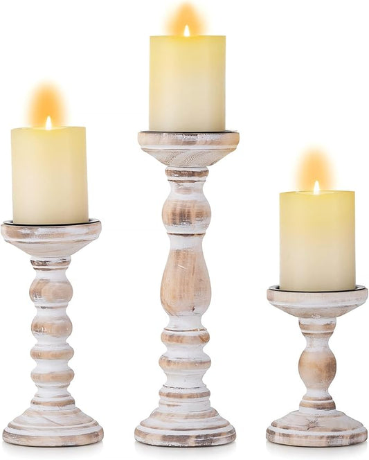 Wood Pillar Candle Holder: 3Pcs Rustic Candle Holders for Pillar Candles Wood Candle Holders Distressed Wooden Farmhouse Large Candle Holder for Fireplace Table (White, 6", 8", 12")