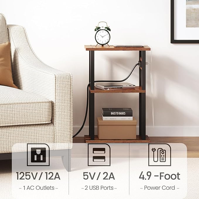 TUTOTAK Small Narrow Side Table with Charging Station, Set of 2 Skinny End Table for Small Spaces, Slim Nightstand with USB Ports and Outlet,Sofa Beside Table with Wheels, Brown TB01BB047