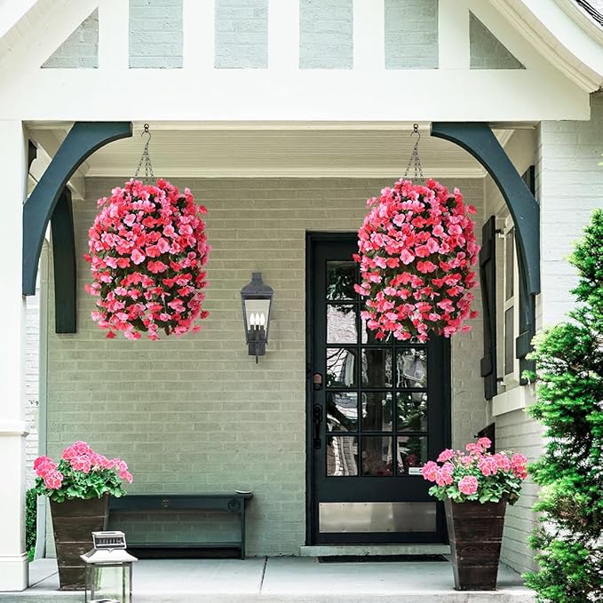 INQCMY Artificial Hanging Flowers Basket for Outdoors Spring Summer Decoration,Faux Silk Begonia in Planter Look Real UV Resistant for Outside Home Porch Patio Garden Balcony Yard Decor（Deep Pink）