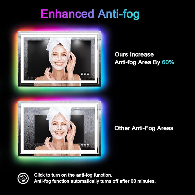 LED Mirror for Bathroom, 40"x24" Mirror with 8 RGB Backlit+3 Front Lit (Adjustable Individually), Defog, Shatterproof, Memory, Tempered Glass