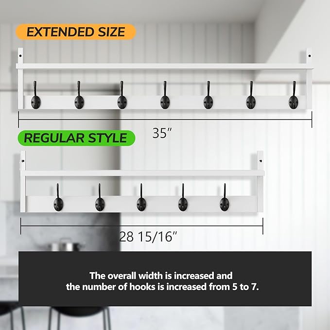 BAMEOS 35" L Wall Hooks with Shelf, Entryway Coat Hooks, Wood Wall Hanging Shelf, Wall-Mounted Coat Rack with 7 Dual Metal Hooks for Bathroom, Kitchen, Living Room, Bedroom (White)
